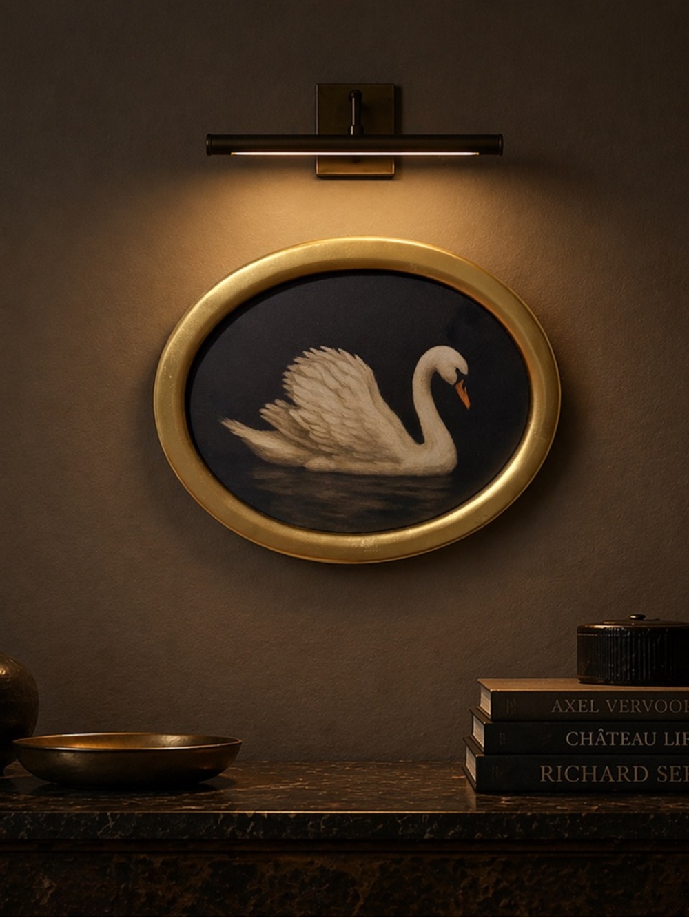 12x16” Elegant Oval Swan Wall Art in Gold Frame